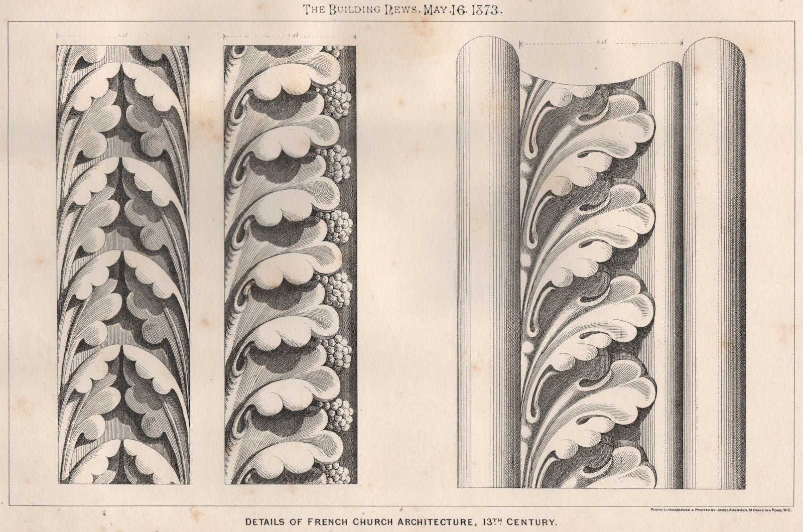 Details of French church architecture,13th century. France 1873 old print